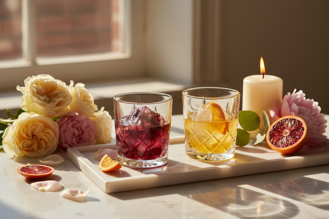 Zwei Cubes mit Rosen und Kerze